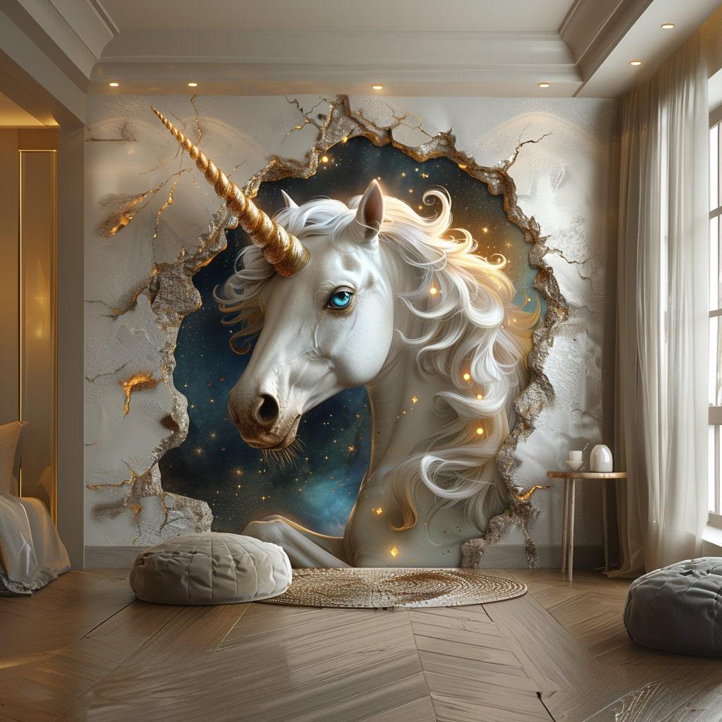 3D Fantasy Unicorn Wall Decal Sticker - Enchanted Unicorn Breaking Through Wall - Decords