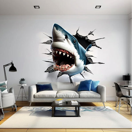 3D Great White Shark Wall Sticker | Realistic Shark Wall Decal | Underwater Adventure Home Decor | Unique Living Room Wall Art - Decords