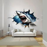 3D Crack White Shark Wall Sticker | Realistic Wall Hole Shark Decal | Scary Ocean Theme Portal Home Decor | Unique Living Room Wall Art - Decords