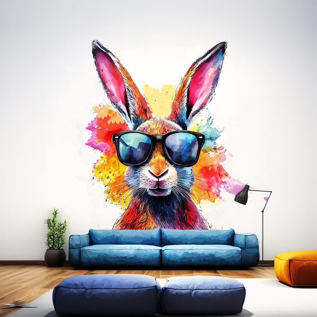 Colorful Rabbit with Sunglasses Wall Decal | Vibrant Watercolor Art Sticker | Fun and Playful Animal Wall Sticker | Room Decor for Kids - Decords