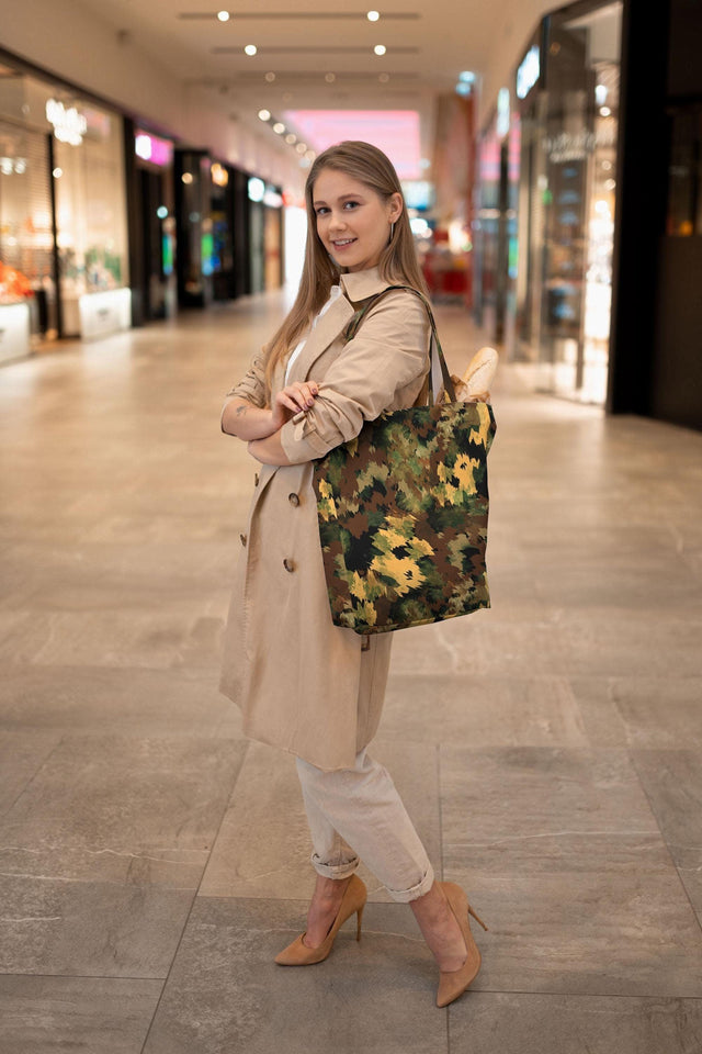 Women's Black Shopper Bag with Military Brown Patterns | Large Tote with Wallet | Stylish Durable Travel Bag | Versatile Beach and Gym Bag - Decords