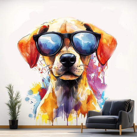 Colorful Labrador Puppy Wall Sticker | Cute Dog Decal | Fun Animal Wall Art with Sunglasses | Playful Kids Room Decor | Vibrant Wall Decal - Decords