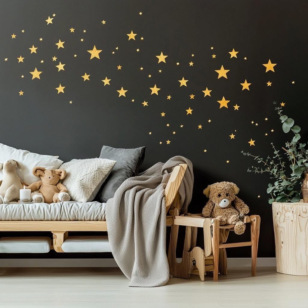 Gold Stars Wall Decals | Sparkles Star Stickers for Bedroom, Nursery, Living Room | Removable Night Sky Wall Art | Modern Celestial Decor - Decords