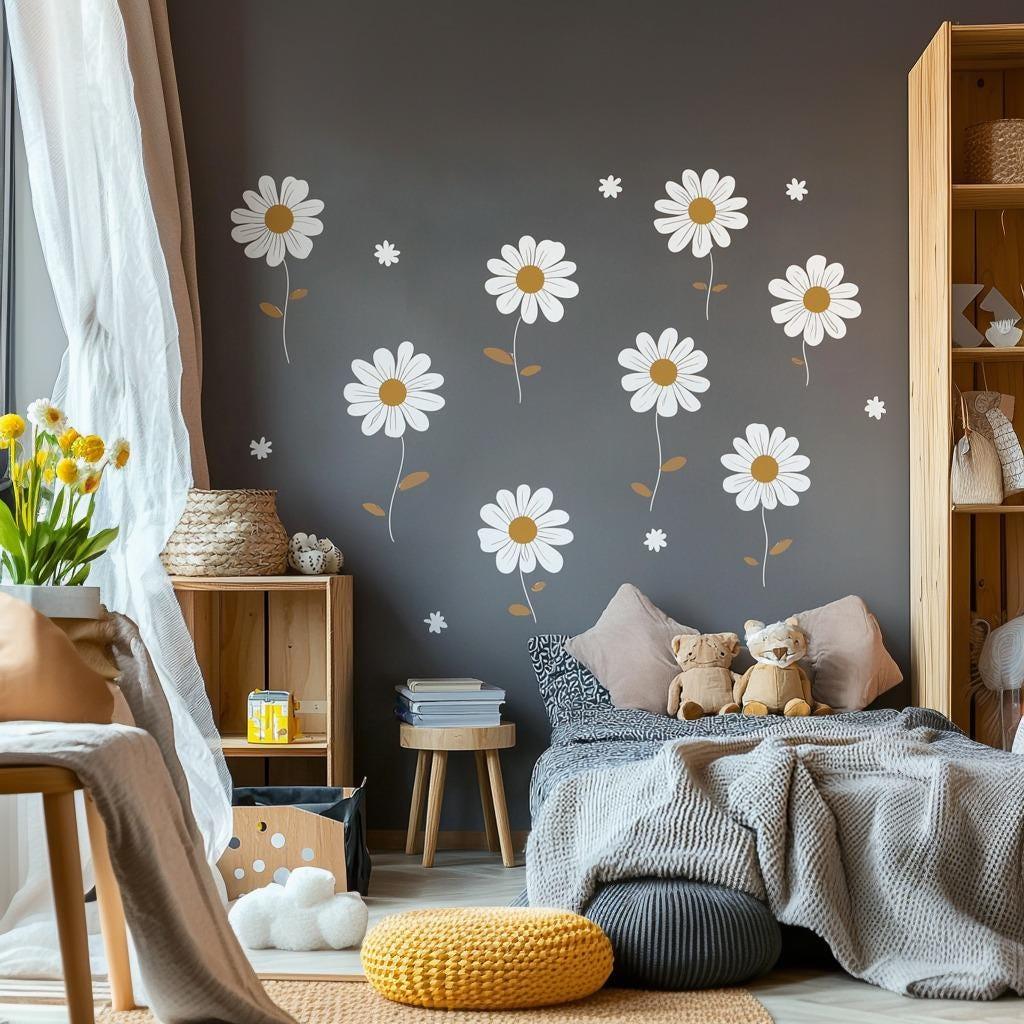 Daisy Flower Wall Decals | Nursery Wall Stickers | Floral Wall Art for Kids Room | Removable Daisy Wall Decor | Boho Flower Wall Stickers - Decords