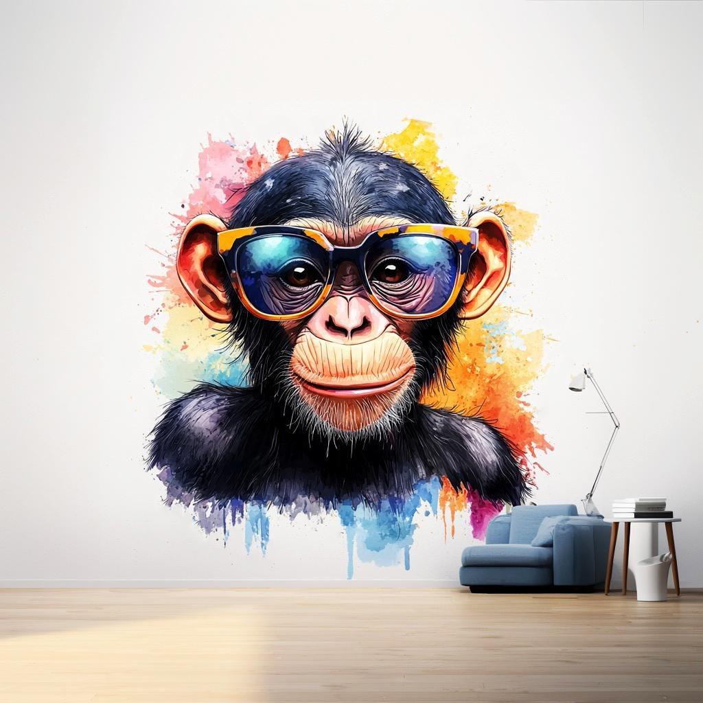 Colorful Baby Chimpanzee Wall Sticker | Cute Animal Decal | Playful Kids Room Decor | Cool Chimp Wall Decal with Sunglasses Fun Nursery Art - Decords