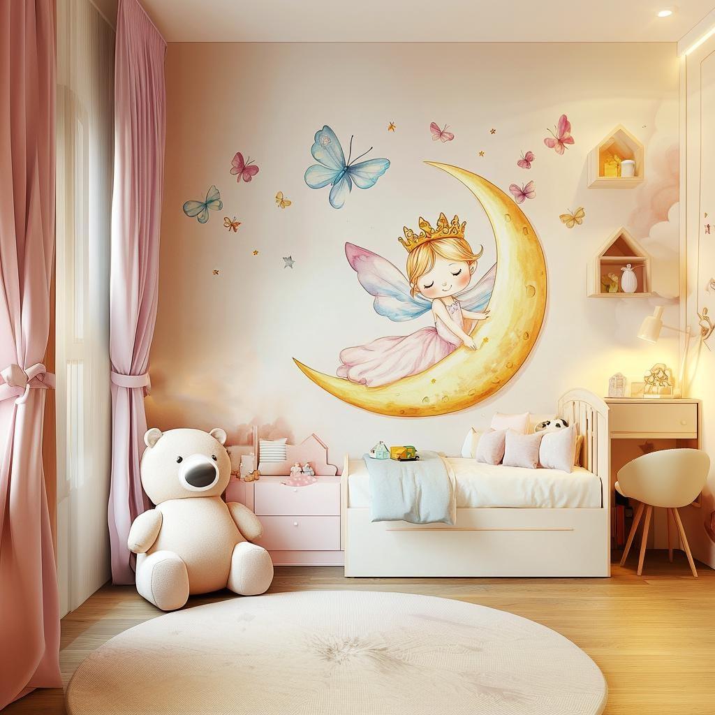 Fairy Princess on the Moon Wall Decal | Pastel Nursery Wall Art | Removable Fairy, Crescent, Butterfly Wall Sticker | Girls Room Decor - Decords