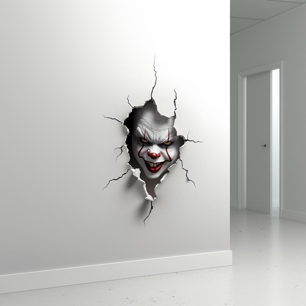 3D Evil Clown Wall Sticker | Scary Breakthrough Clown Crack Porthole Decal | Terrifying Clown Breaking Through the Wall Horror Halloween Art - Decords