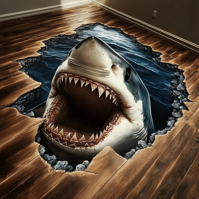 3D Shark Floor Sticker - Realistic Vinyl Decal for Floors | Large Great White Shark Design | Unique Floor Decor for Home, Office, Kids Rooms - Decords