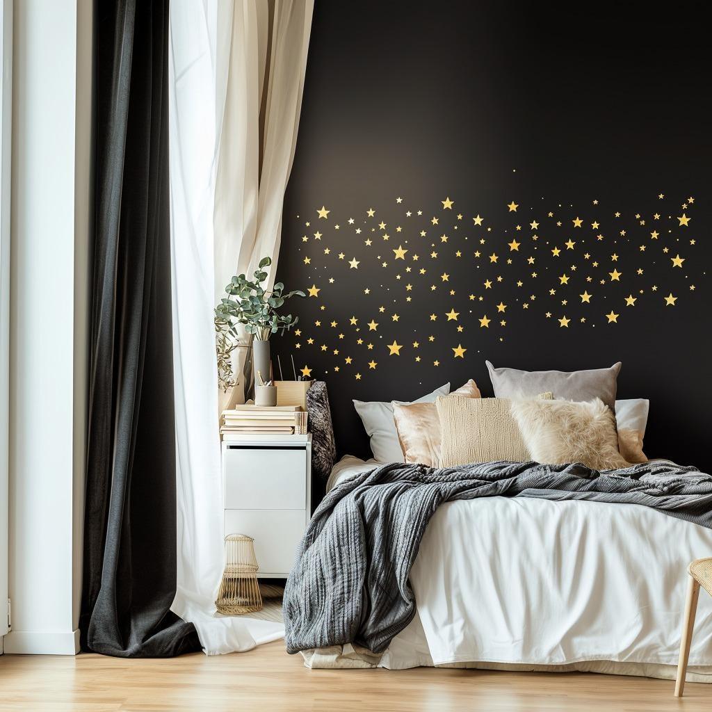 Gold Stars Wall Decals | Sparkles Star Stickers for Bedroom, Nursery, Living Room | Removable Night Sky Wall Art | Modern Celestial Decor - Decords