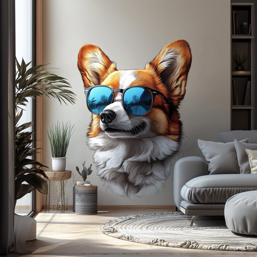 Cool Corgi with Sunglasses Wall Decal | Fun Dog Wall Art | Removable Pet Wall Sticker | Stylish Puppy Themed Room Decor for Kids Living Room - Decords