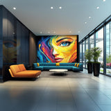 Colorful Abstract Woman's Face Wallpaper Decal | Bold Rainbow Wall Mural Sticker | Large Vinyl Wall Art for Living Room, Office, Hotel Decor - Decords