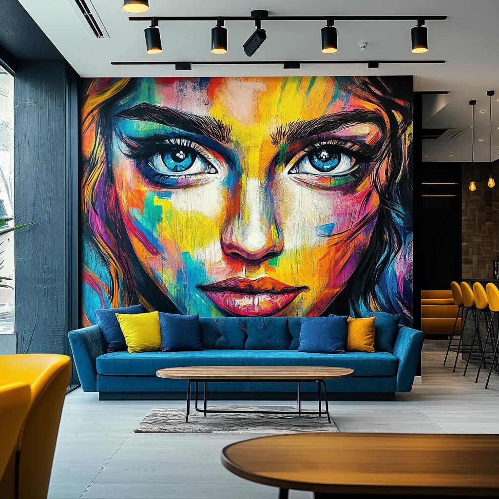 Vibrant Abstract Woman's Face Wallpaper Sticker | Large Wall Mural | Peel and Stick Vinyl Art Decal for Living Room, Office, or Lobby Decor - Decords