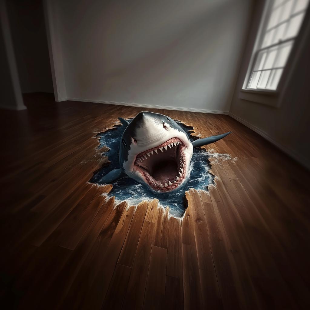 3D Shark Floor Sticker | Realistic Vinyl Shark Breaking Through Floor Decal | Ocean Themed Floor Art | Shark Attack Floor Mural - Decords