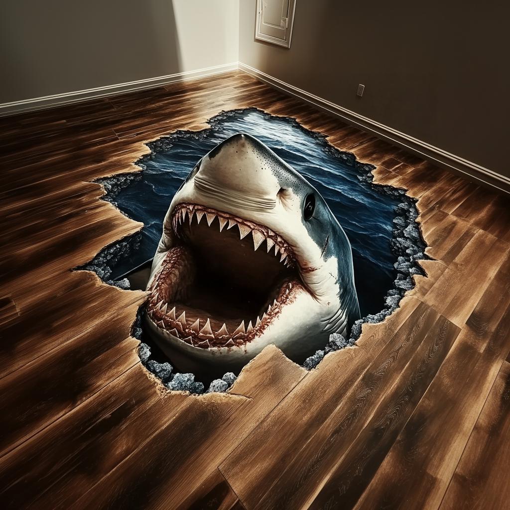 3D Shark Floor Sticker - Realistic Vinyl Decal for Floors | Large Great White Shark Design | Unique Floor Decor for Home, Office, Kids Rooms - Decords