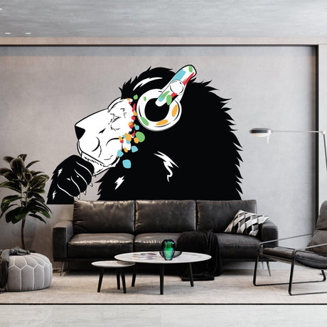 Contemporary Lion DJ Wall Decal - Artistic Animal Head Vinyl Sticker - Decords