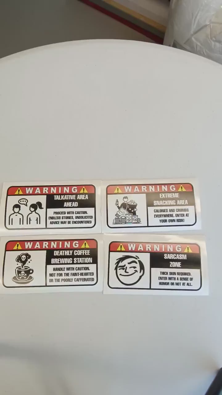 Funny Warning Label Stickers Set | Humorous Office Kitchen Decals | Witty Sarcasm, Coffee, Talkative, Snacking Area Signs | Novelty Stickers