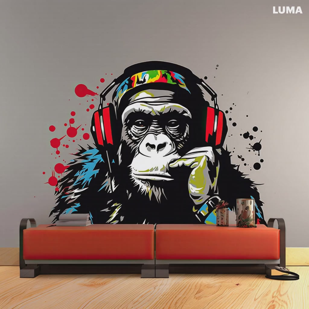 Wise Contemplative Ape with Tunes Wall Decal - Music