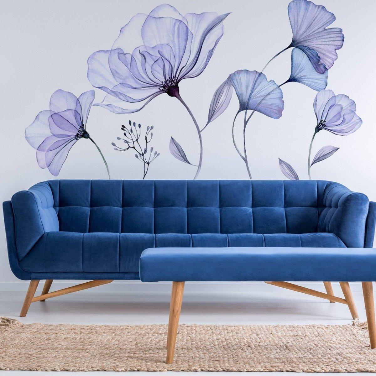 3D Blue Blossom Wall Decal - Elegant Floral Vinyl Sticker Mural - Decords