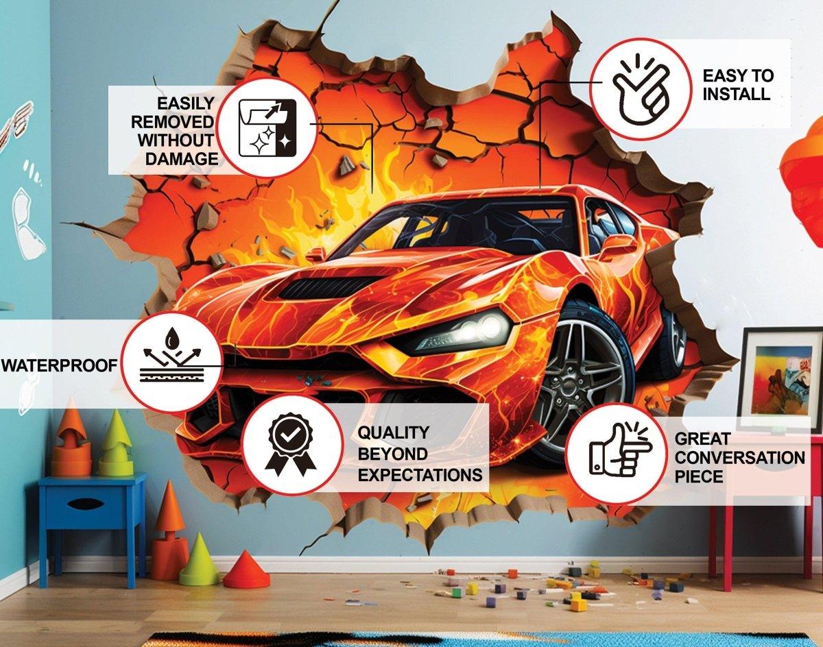 3D Speed Racer Wall Decal - Dynamic Racing Themed Wall Sticker for Decoration - Decords