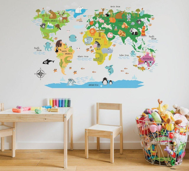 World Map Vinyl Sticker, Geographic Wall Decal, Travel Theme Decor - Decords