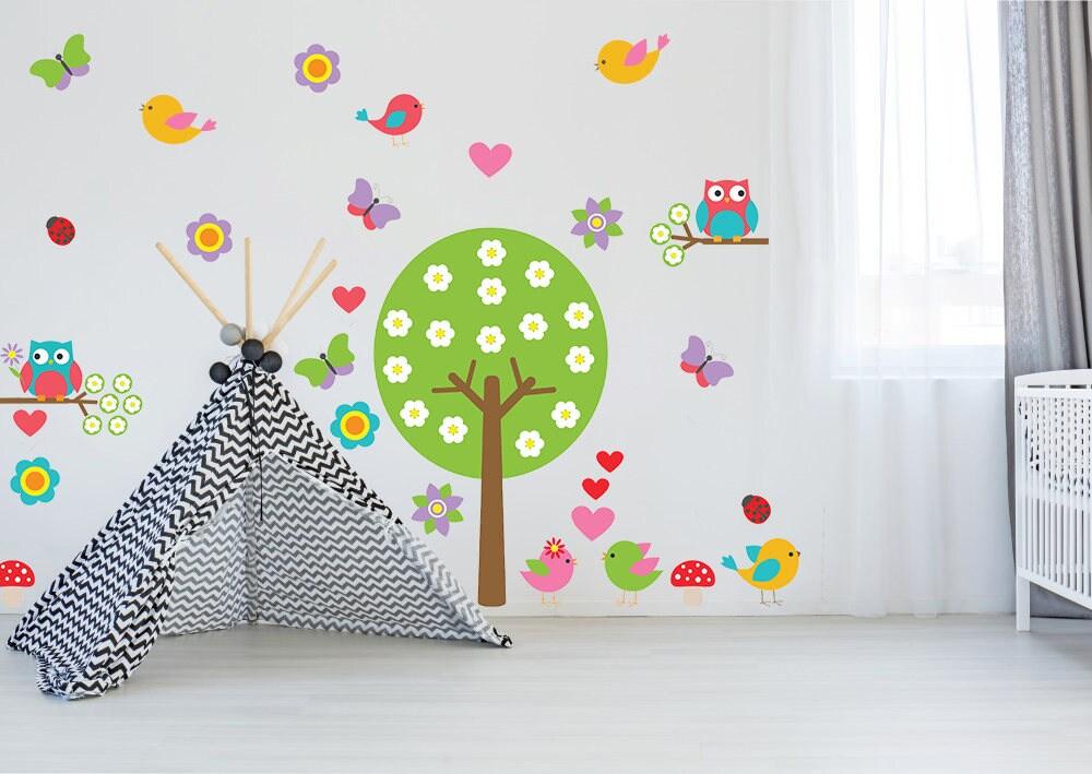 Nursery Tree Vinyl Wall Decal - Large Decor Bird Owl Boy Girl Kid Baby Art Set Sticker - Decords