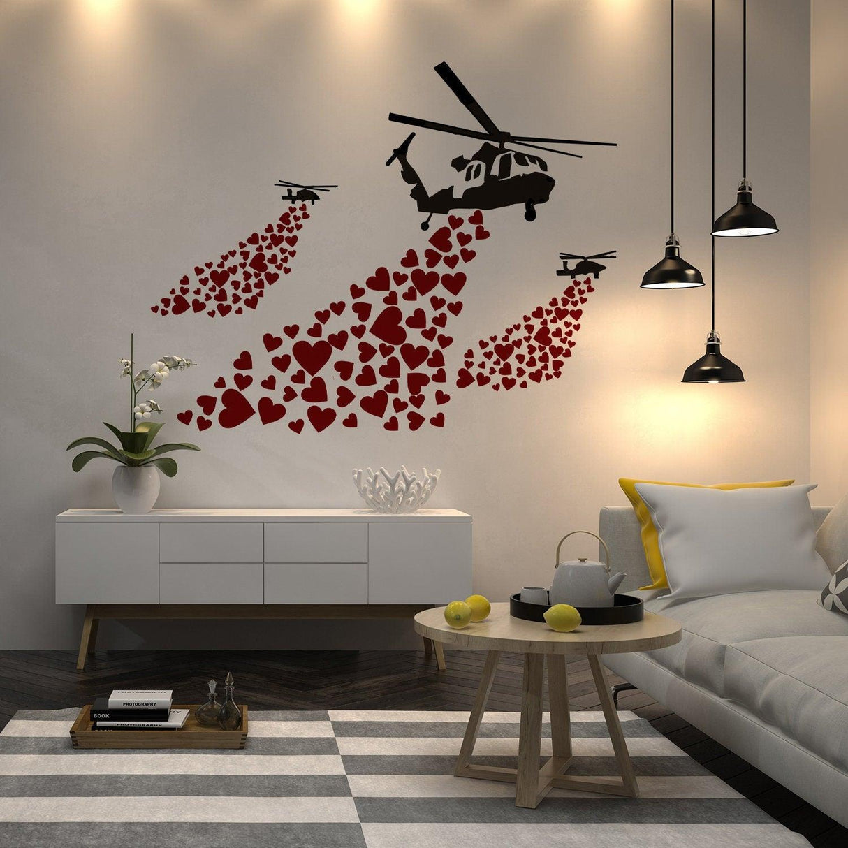 Banksy Vinyl Wall Decal Helicopter with Hearts - Street Art Graffiti Helicopters Decor Sticker - Decords