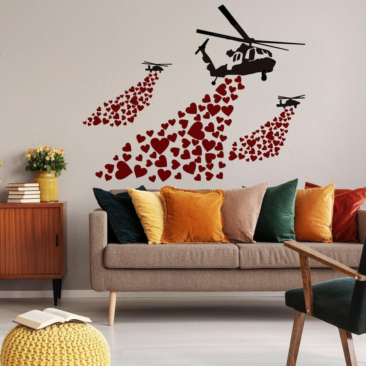 Banksy Vinyl Wall Decal Helicopter with Hearts - Street Art Graffiti Helicopters Decor Sticker - Decords