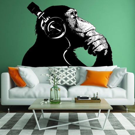 Banksy Wall Decal Thinking Monkey Art Sticker - Dj Chimp The Thinker Gorilla With Headphones Home Decals - Decords