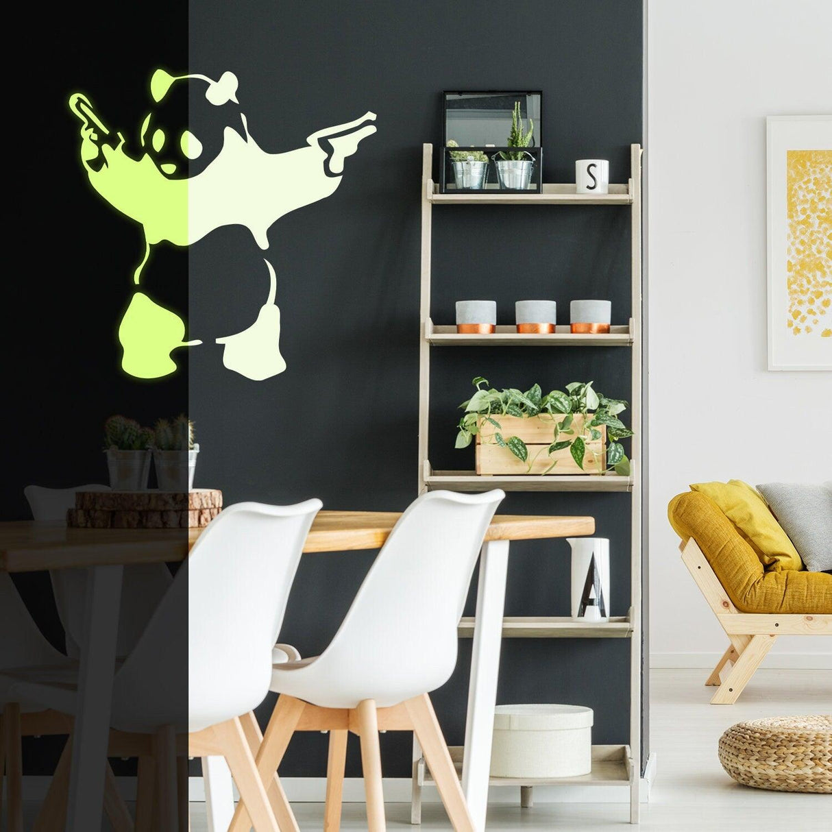 Glow In Dark Banksy Panda With Shooting Guns Wall Sticker - Night Glowing Graffiti Gun Bear Vinyl Decal - Decords