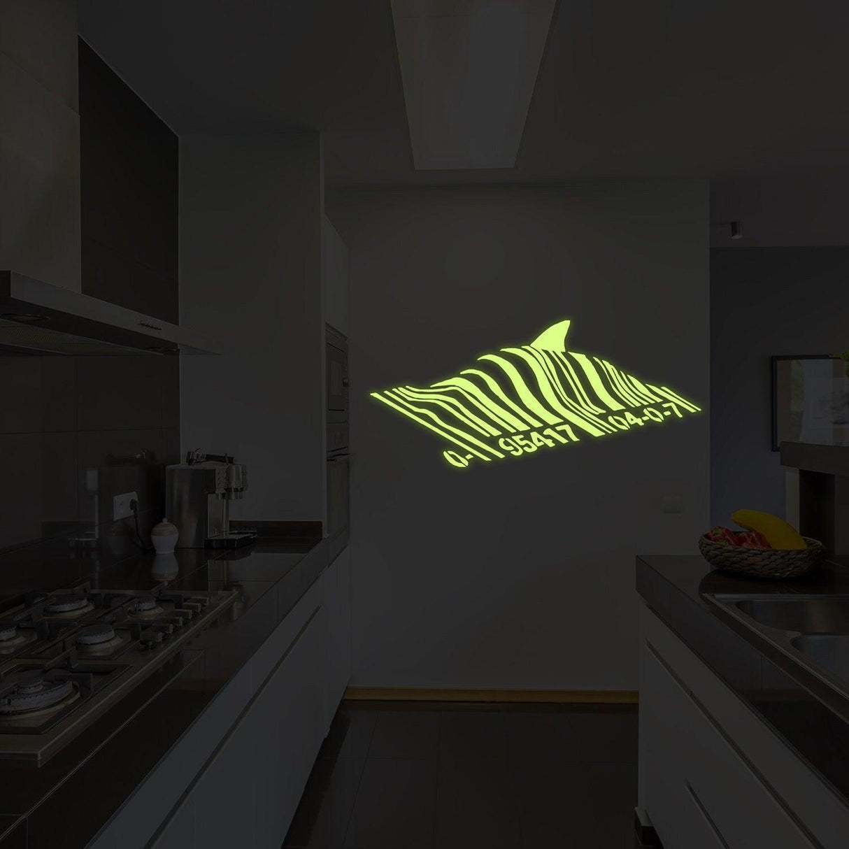 Glow In Dark Banksy Barcode Shark Wall Sticker - Night Glowing Swimming Fish Under Bar Code Vinyl Decal - Decords