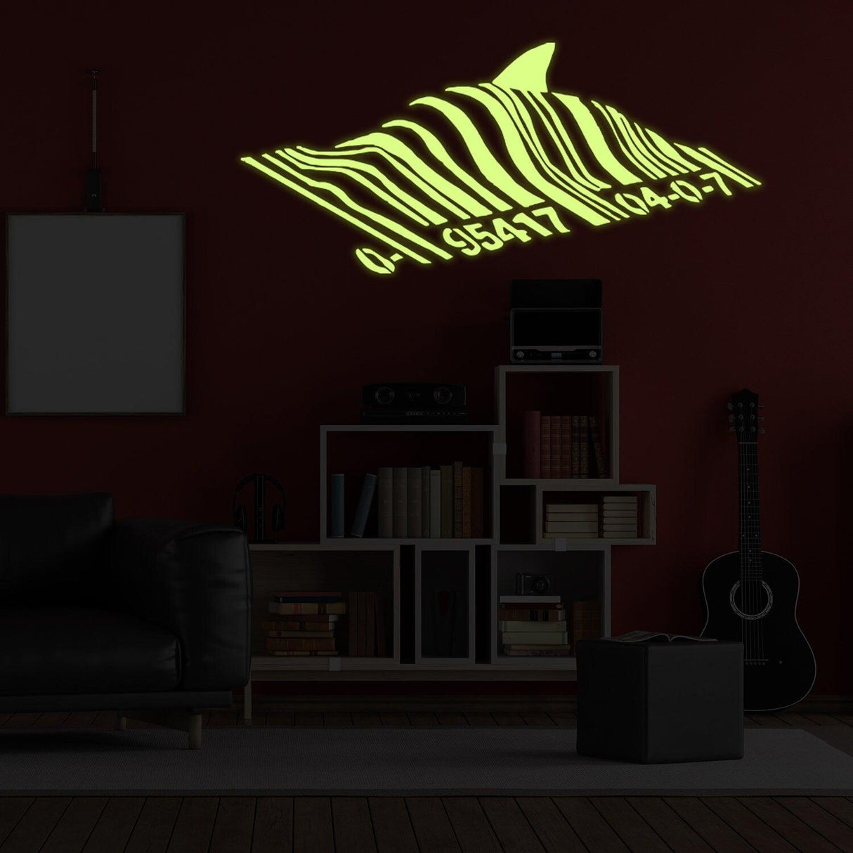 Glow In Dark Banksy Barcode Shark Wall Sticker - Night Glowing Swimming Fish Under Bar Code Vinyl Decal - Decords