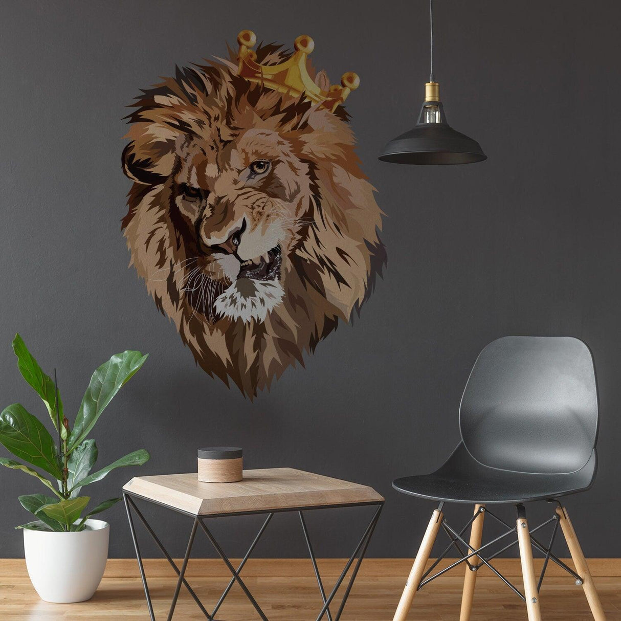 Lion King With Crown Vinyl Wall Sticker - Funny Lions Head Cut Seal Art Decal - Decords