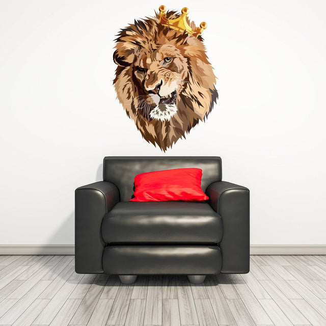 Lion King With Crown Vinyl Wall Sticker - Funny Lions Head Cut Seal Art Decal - Decords