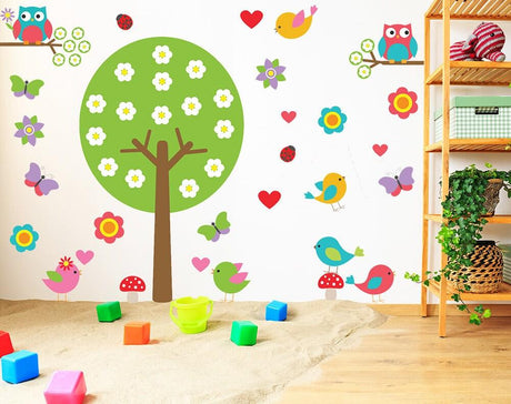 Nursery Tree Vinyl Wall Decal - Large Decor Bird Owl Boy Girl Kid Baby Art Set Sticker - Decords