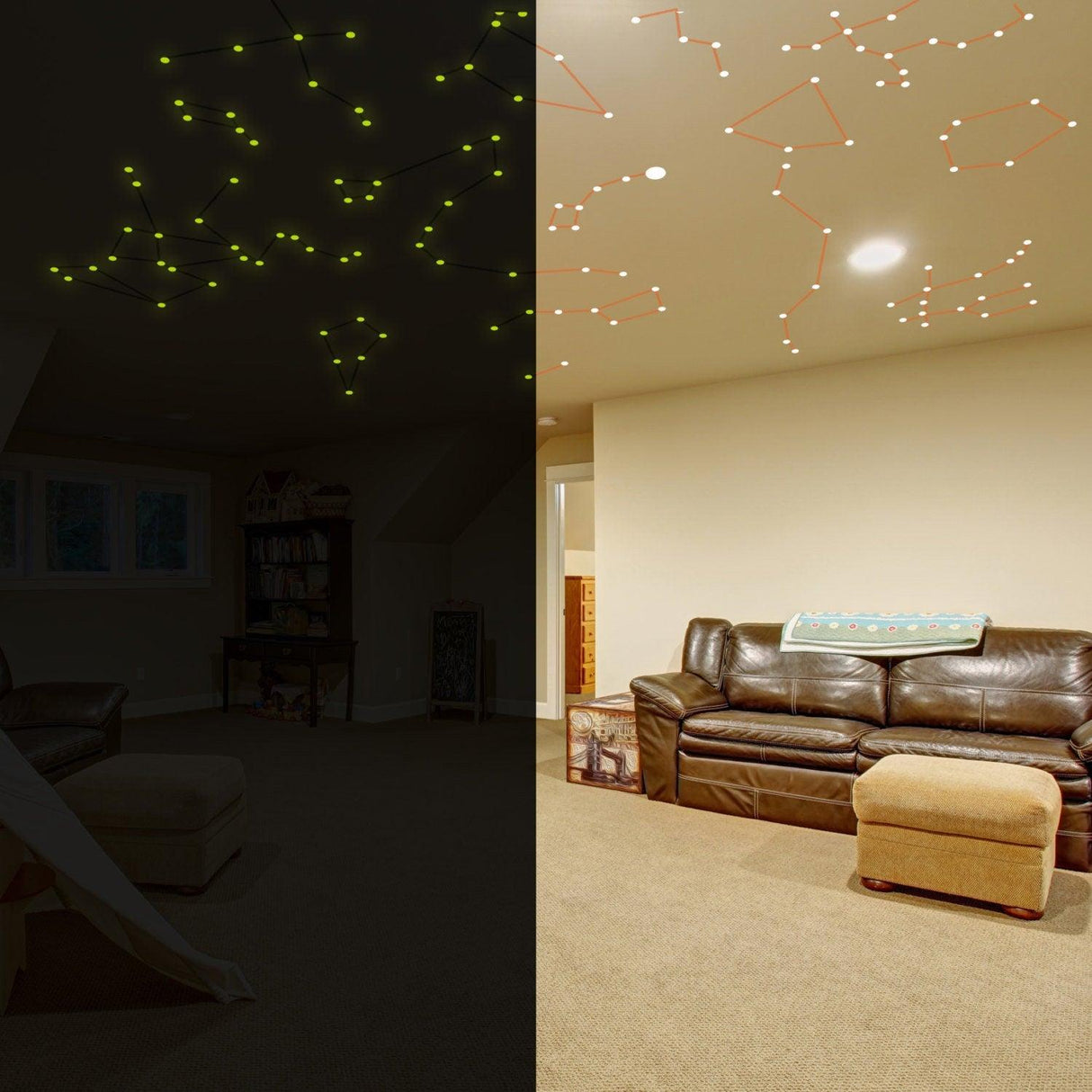 Glowing Vinyl Ceiling Decal Star Map with Color Lines - Glow in the Dark Constellations Sticker - Decords