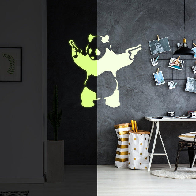 Glow In Dark Banksy Panda With Shooting Guns Wall Sticker - Night Glowing Graffiti Gun Bear Vinyl Decal - Decords