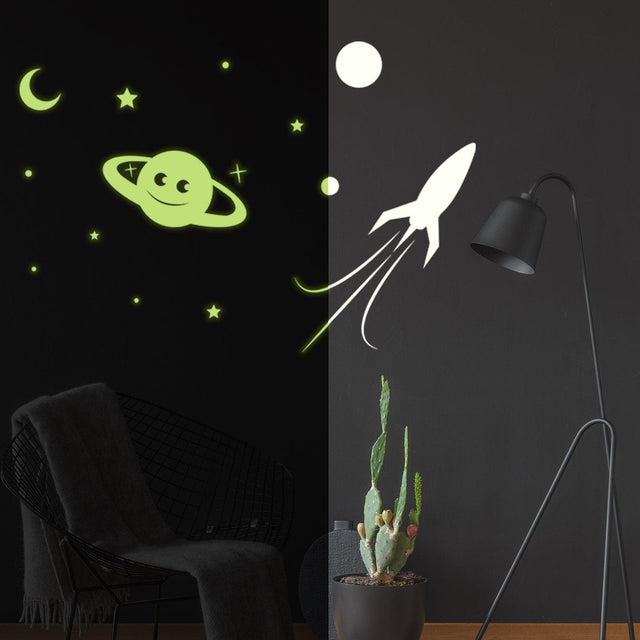 Glowing Planet  Rocket, Stars, Moon Ceiling Sticker - Glow in the Dark Wall Decal - Decords