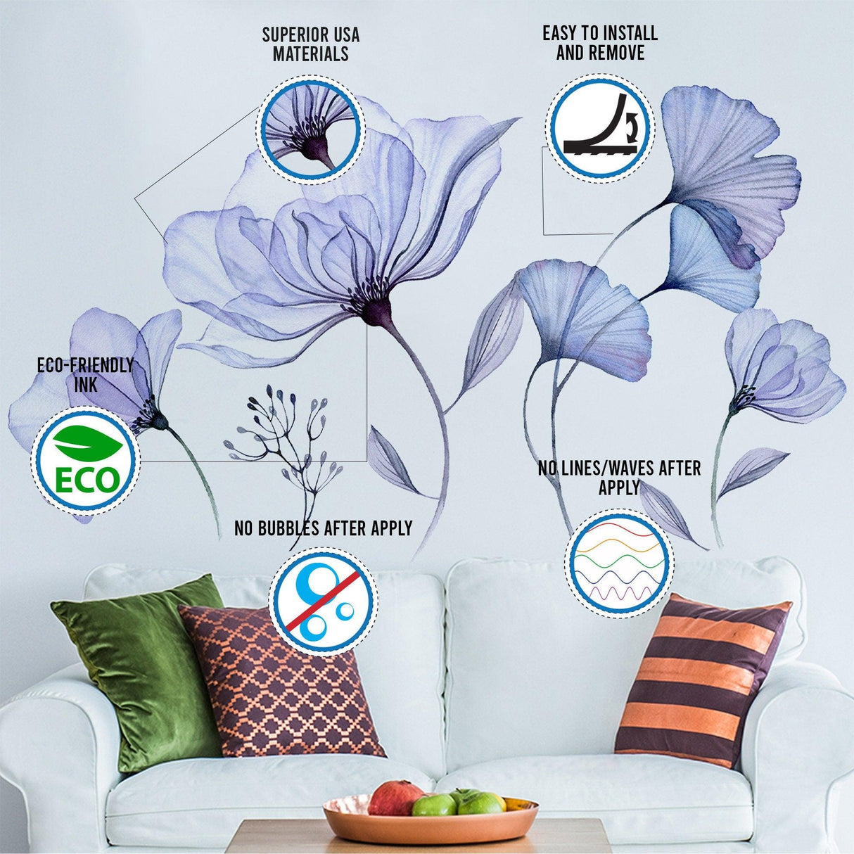 Floral Wall Vinyl Sticker Mural - 3d Blue Flowers Stick Peel Living Room Decor Decal - Decords