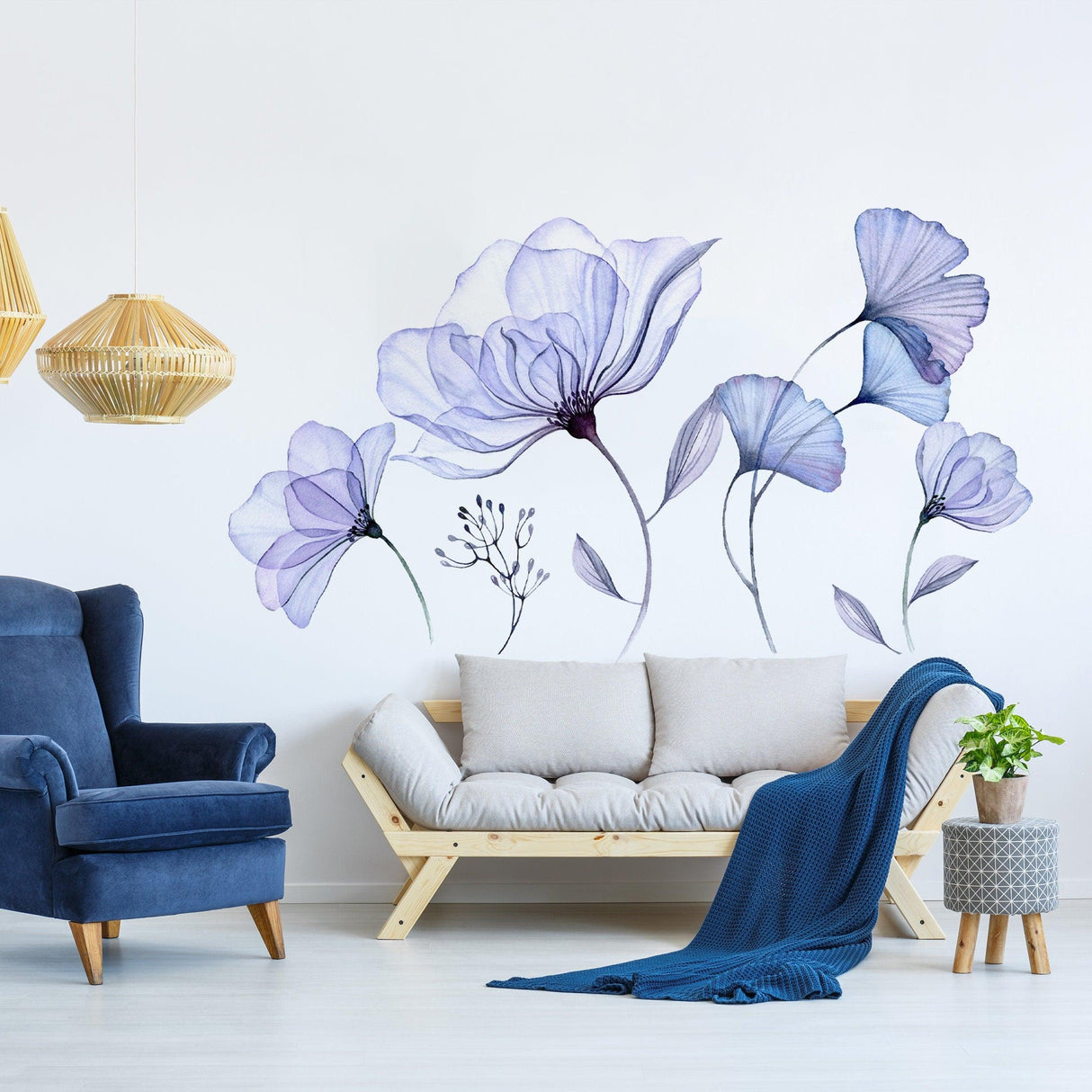 Floral Wall Vinyl Sticker Mural - 3d Blue Flowers Stick Peel Living Room Decor Decal - Decords