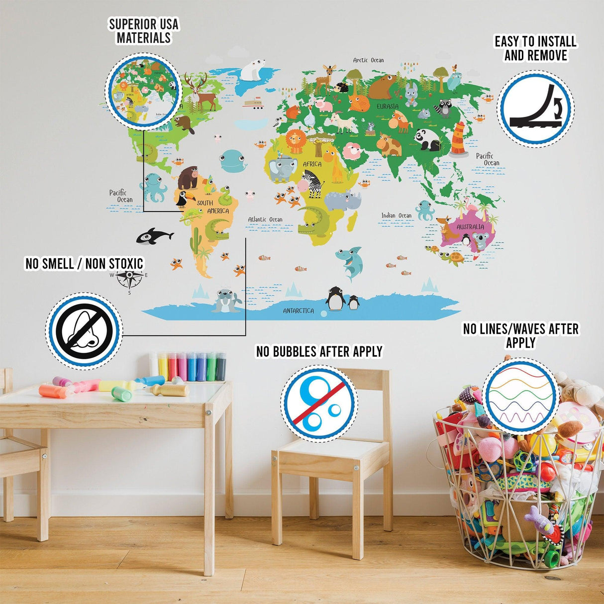 Kids World Map Wall Decal - Country Animal Room Decor Vinyl Sticker For Nursery - Decords