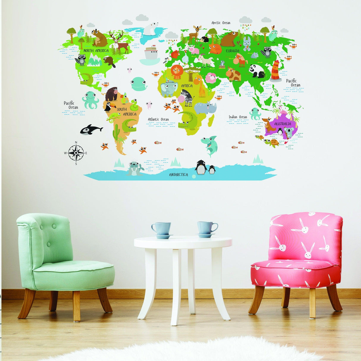 Kids World Map Wall Decal - Country Animal Room Decor Vinyl Sticker For Nursery - Decords