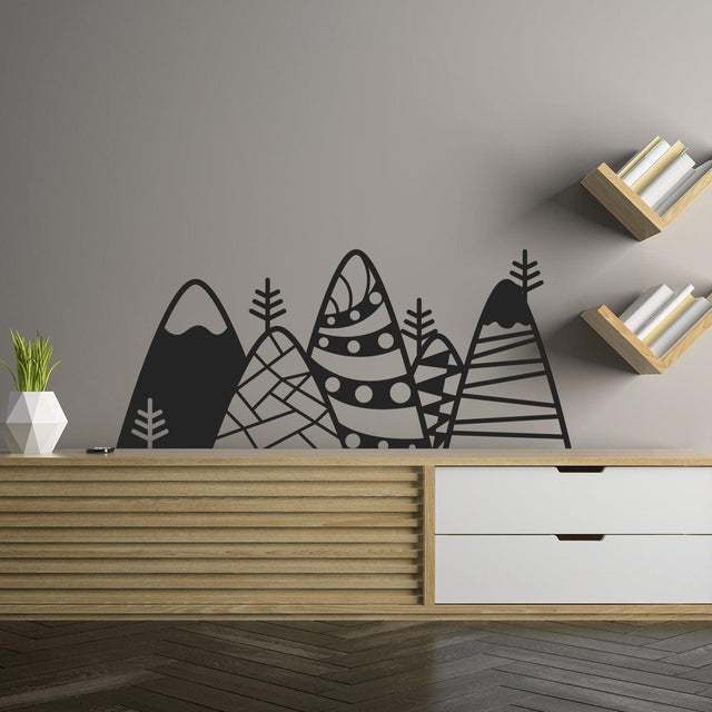 Patterned Mountain Wall Decor Decal - Kid Room Art Vinyl Home Black Sticker - Decords