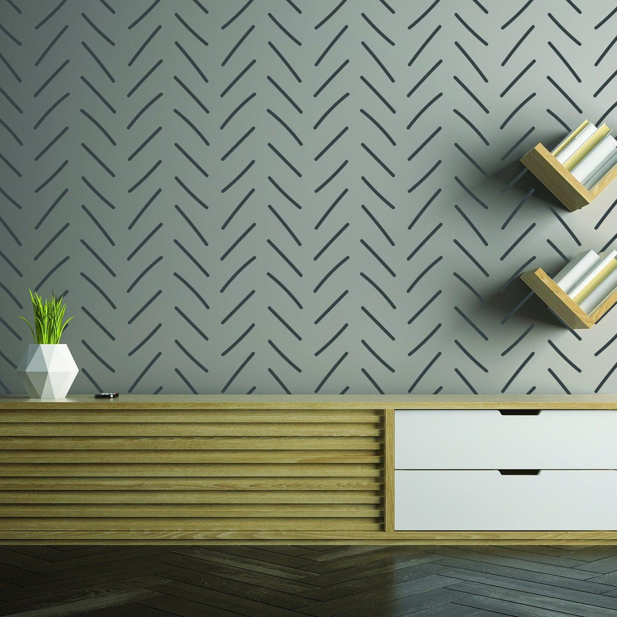 7x Rolls of Herringbone Wallpaper Peel And Stick Stickers - Geometric Self Adhesive Black Removable Stripes Wall - Decords