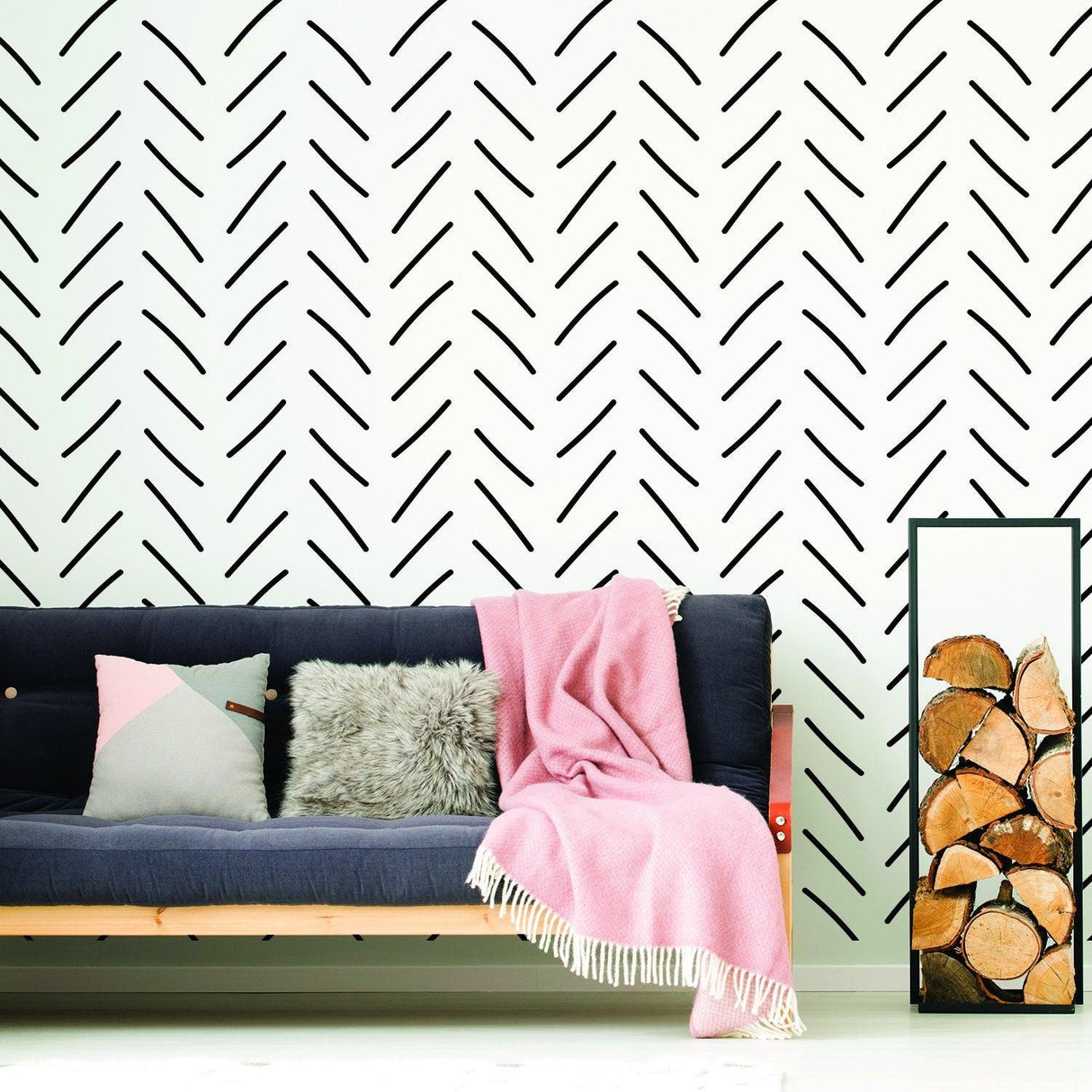 7x Rolls of Herringbone Wallpaper Peel And Stick Stickers - Geometric Self Adhesive Black Removable Stripes Wall - Decords