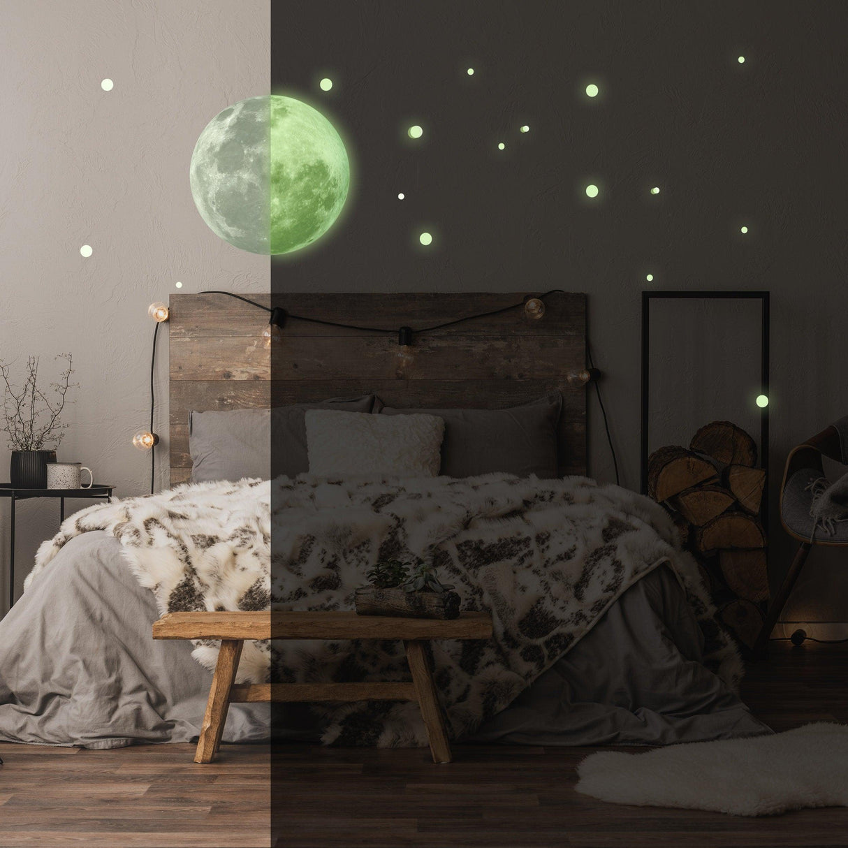 Glow In The Dark Full Moon And Star Wall Sticker - Bedroom Ceiling Decoration Large Glowing Decal - Decords