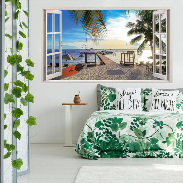 3d Window Beach View Wall Sticker - Removable Bedroom Ocean Scene Vinyl Room Decal - Decords