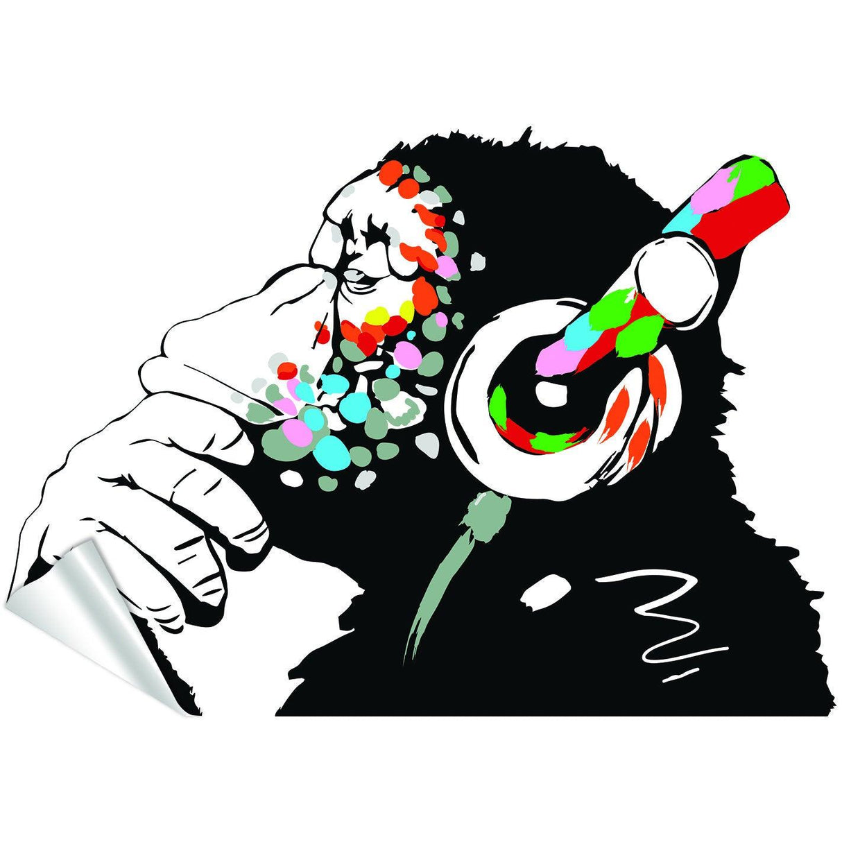 Banksy Monkey With Headphones Wall Sticker - Large Bansky Thinking Dj Chimp Vinyl Decal - Decords