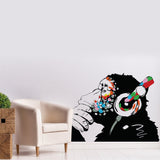 Banksy Monkey With Headphones Wall Sticker - Large Bansky Thinking Dj Chimp Vinyl Decal - Decords