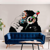 Banksy Monkey With Headphones Wall Sticker - Large Bansky Thinking Dj Chimp Vinyl Decal - Decords