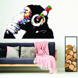 Banksy Monkey With Headphones Wall Sticker - Large Bansky Thinking Dj Chimp Vinyl Decal - Decords